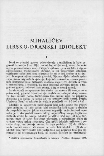 Mihalićev lirsko-dramski idiolekt / Vlatko Pavletić