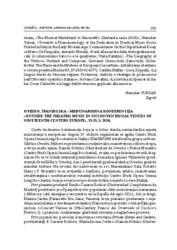 Oviedo, Španjolska – Međunarodna konferencija »Outside the Theatre: Music in Unconventional Venues of Nineteenth-Century Europe«, 23-25. 5. 2024.
 : [izvješće] / Vjera Katalinić