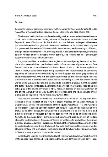 Benedetto Ligorio, L’interesse commune nel Rinascimento: I network dei sefarditi della Repubblica di Ragusa tra Italia e Balcani. Roma: Editori Riuniti, 2024. : review / Vesna Miović