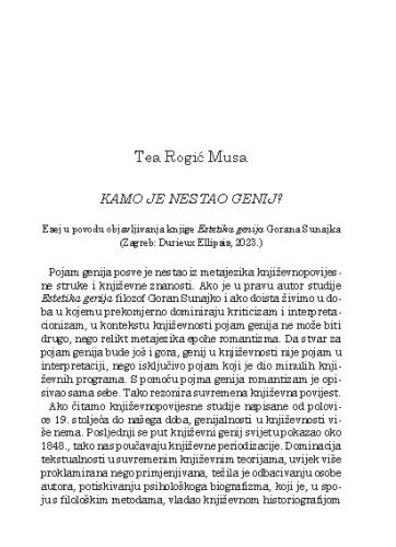 Kamo je nestao genij? : esej u povodu objavljivanja knjige Estetika genija Gorana Sunajka (Zagreb: Durieux Ellipsis, 2023.) / Tea Rogić Musa