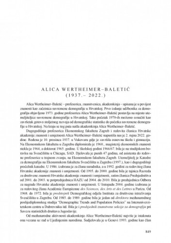 Alica Wertheimer-Baletić (1937. - 2022.) : [nekrolog]