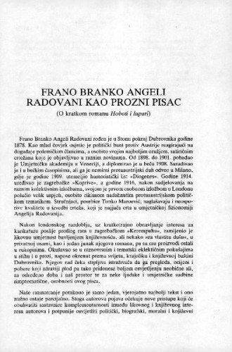 Frano Branko Angeli Radovani kao prozni pisac : o kratkom romanu Hoboti i lupari / Frano Čale