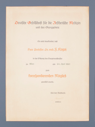 Povelja dopisnog člana Njemačkog društva za estetsku medicinu i granična područja Franji Kogoju