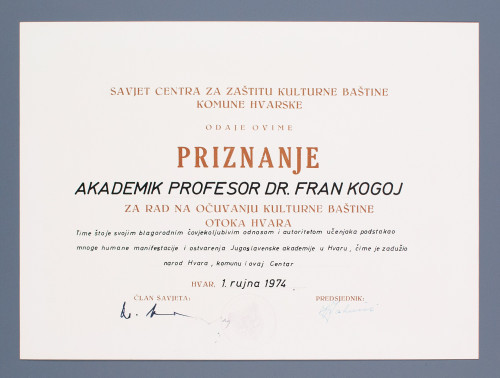 Povelja priznanja Savjeta Centra za zaštitu kulturne baštine Komune hvarske Franu Kogoju