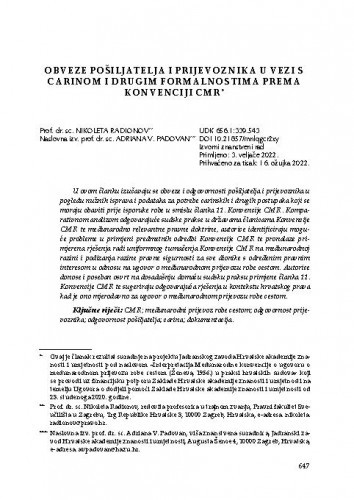 Obveze pošiljatelja i prijevoznika u vezi s carinom i drugim formalnostima prema Konvenciji CMR / Nikoleta Radionov, Adriana Vincenca Padovan