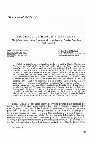Epigraphica Riditina anecdota : uz jedan davni nalaz kasnoantičkih grobova u Danilu Gornjem (Veruše-Katuni) / Duje Rendić-Miočević