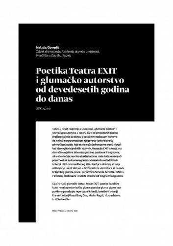 Poetika Teatra EXIT i glumačko autorstvo od devedesetih godina do danas / Nataša Govedić