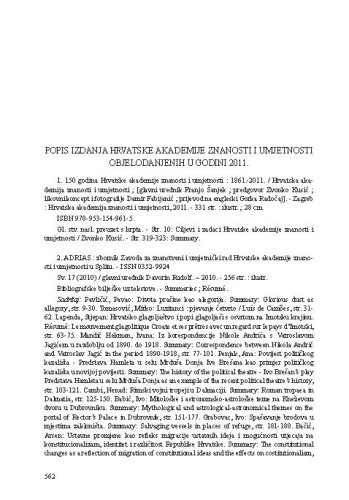 Popis izdanja Zaklade Hrvatske akademije znanosti i umjetnosti objelodanjenih u godini 2011. / [Kristina Polak Bobić]