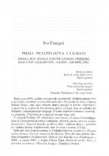 Pisma prijateljstva i ljubavi : Nikola Šop: Knjiga vječne ljubavi, priredio Dragutin Tadijanović, 