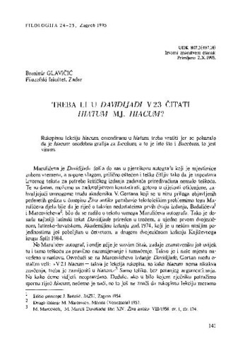 Treba li u Davidijadi V 23 čitati hiatum mj. hiacum? / Branimir Glavičić