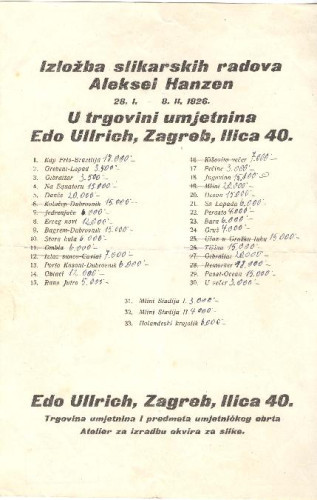 Izložba slikarskih radova Aleksei Hanzen : 28. I. 8. II. 1926.