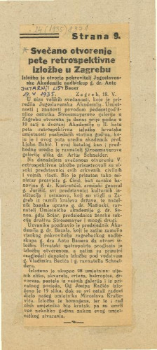 Svečano otvorenje pete retrospektivne izložbe u Zagrebu : izložbu otvorio pokrovitelj Jugoslavenske Akademije nadbiskup g. dr. Ante Bauer