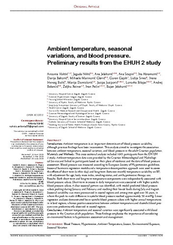 Ambient temperature, seasonal variations, and blood pressure. Preliminary results from the EH-UH 2 study / Antonia Vukšić, Jagoda Nikić, Ana Jelaković, Ana Stupin, Iva Abramović, Darija Baković, Mihaela Marinović Glavić, Goran Gajski, Lidija Srnec, Ivana Herceg Bulić, Marija Domislović, Josipa Josipović, Lovorka Bilajac, Andrej Belančić, Željko Reiner, Ivan Pećin, Bojan Jelaković