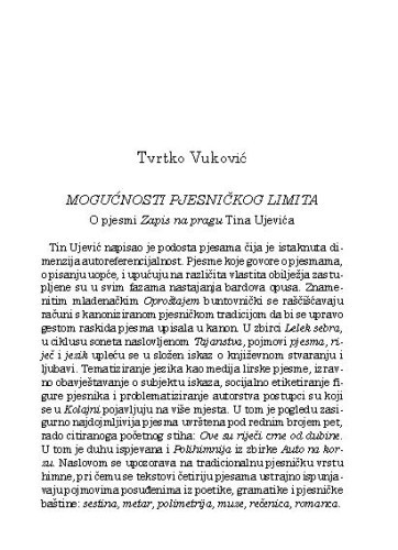 Mogućnosti pjesničkog limita : o pjesmi Zapis na pragu Tina Ujevića / Tvrtko Vuković