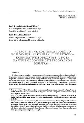 Korporativna kontrola i održivo poslovanje – kako upravljati rizicima korporativne održivosti u doba rastuće odgovornosti trgovačkog društva? / Edita Čulinović-Herc, Hana Horak