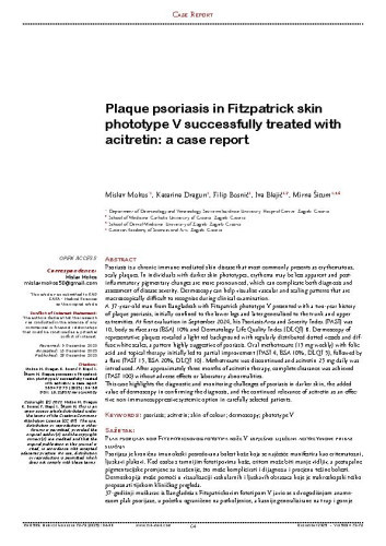 Plaque psoriasis in Fitzpatrick skin phototype V successfully treated with acitretin: a case report
 / Mislav Mokos, Katarina Dragun, Filip Bosnić, Iva Blajić, Mirna Šitum