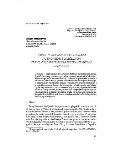 Leksik Drugoga beramskog brevijara u usporedbi s Rječnikom crkvenoslavenskoga jezika hrvatske redakcije / Milan Mihaljević