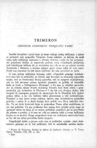 Trimeron : odgovor gospodinu Torquatu Tassu / F. Patrizi ; s talijanskog prevela Ljerka Šifler-Premec