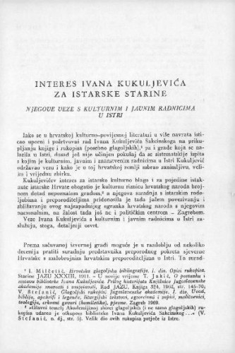 Interes Ivana Kukuljevića za istarske starine : njegove veze s kulturnim i javnim radnicima u Istri / M. Bertoša