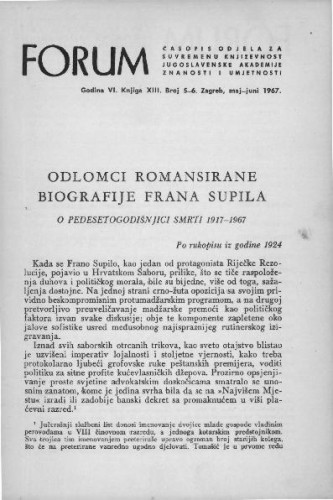 Odlomci romansirane biografije Frana Supila : o pedesetogodišnjici smrti 1917-1967 / M. Krleža