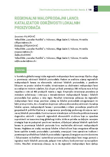 Regionalni maloprodajni lanci: katalizator održivosti lokalnih proizvođača / Zvonimir Filipović, Slobodan Stojanović, Željko Sudarić