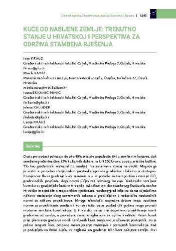 Kuće od nabijene zemlje: trenutno stanje u Hrvatskoj i perspektiva za održiva stambena rješenja / Ivan Kraus, Mirela Ravas, Ivana Brkanić Mihić, Jelena Kaluđer, Lucija Kraus