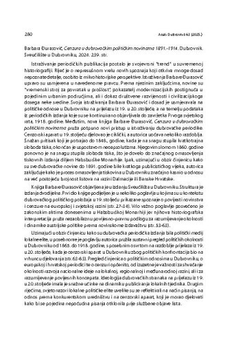 Barbara Đurasović, Cenzura u dubrovačkim političkim novinama 1891.-1914. Dubrovnik: Sveučilište u Dubrovniku, 2024. : [prikaz] / Edi Zubović
