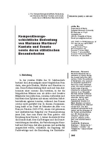 Kompositionsgeschichtliche Bedeutung von Marianna Martines’ Kantate und Sonate sowie deren stilistischen Besonderheiten / Julie Ra