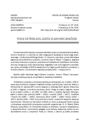 Pisma Vatroslava Jagića Vladimiru Lunačeku / Alojz Jembrih