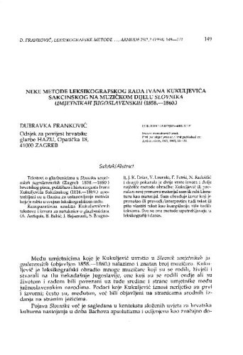 Neke metode leksikografskog rada Ivana Kukuljevića Sakcinskog na muzičkom djelu Slovnika umjetnikah jugoslavenskih (1858.-1860.) / Dubravka Franković