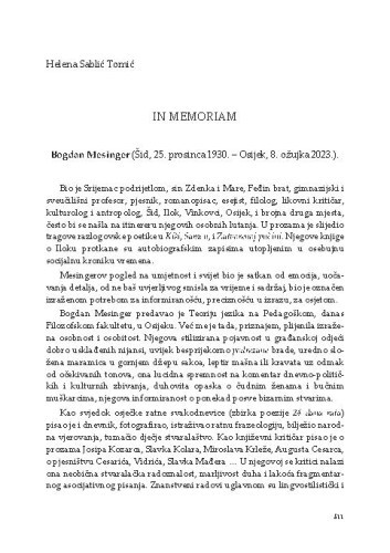In memoriam
 : Bogdan Mesinger (Šid, 25. prosinca 1930. – Osijek, 8. ožujka 2023.) / Helena Sablić Tomić
