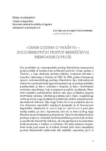 »Osam godina u Varšavi« – sociosemantički pristup Benešićevoj memoarskoj prozi / Marin Andrijašević 