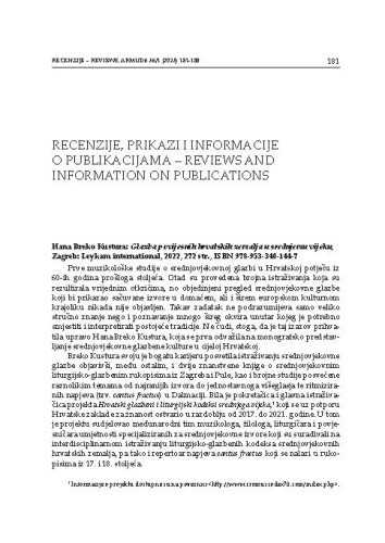 Hana Breko Kustura: Glazba povijesnih hrvatskih zemalja u srednjemu vijeku, Zagreb: Leykam international, 2022.
 : prikaz / Ana Čizmić Grbić