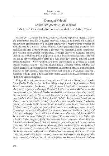 Domagoj Vidović: Metkovski prezimenski mozaik, Metković: Gradsko kulturno središte Metković, 2014. : [prikaz] / Ivana Kurtović Budja