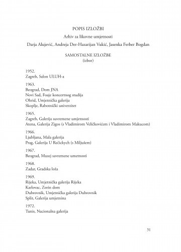 Popis izložbi / Darija Alujević, Andreja Der-Hazarijan Vukić, Jasenka Ferber Bogdan