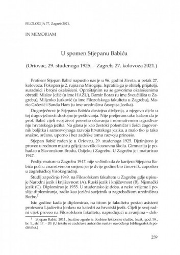 U spomen Stjepanu Babiću : (Oriovac, 29. studenoga 1925. – Zagreb, 27. kolovoza 2021.) : [prikaz] / Sanda Ham