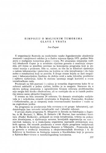 Simpozij o malignim tumorima glave i vrata : [izvještaji i rasprave] / I. Čupar