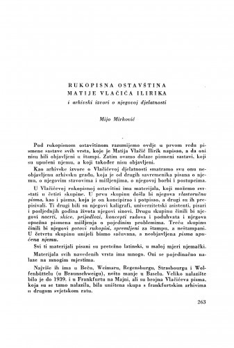 Rukopisna ostavština Matije Vlačića Ilirika i arhivski izvori o njegovoj djelatnosti / M. Mirković