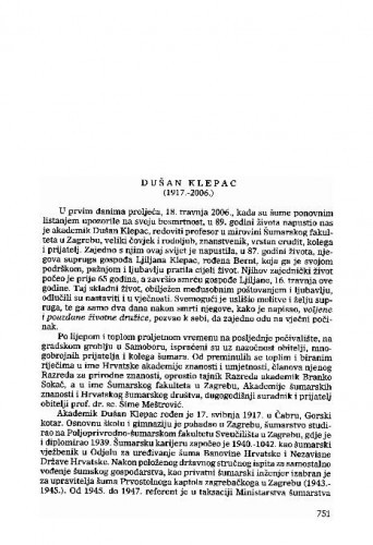 Dušan Klepac (1917.-2006.) : [nekrolog] / Slavko Matić