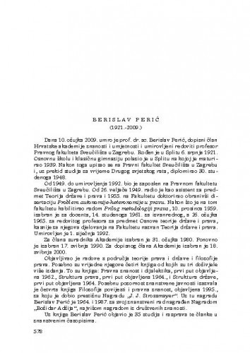 Berislav Perić (1921.-2009.) : [nekrolog] / Jakša Barbić