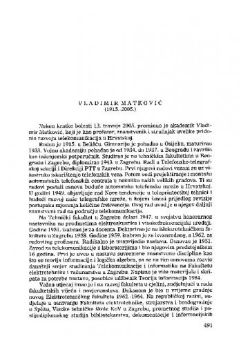 Vladimir Matković (1915.-2005.) : [nekrolog] / Vjekoslav Sinković