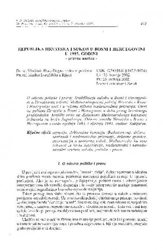 Republika Hrvatska i sukob u Bosni i Hercegovini u 1993. godini : pravna analiza / Vladimir-Đuro Degan