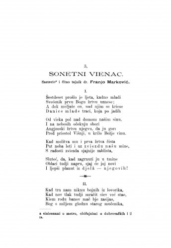 Sonetni vienac : [Izvanredna svečana sjednica o svećeničkoj šestdesetgodišnjici J. J. Strossmayera dne 16. veljače 1898.] / F. Marković