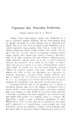 Uspomeni dra Franciska Ivekovića : [nekrolog] / A. Musić
