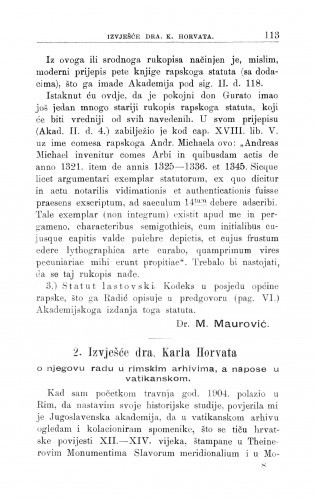 Izvješće o radu u rimskim arhivima, a napose u vatikanskom / K. Horvat