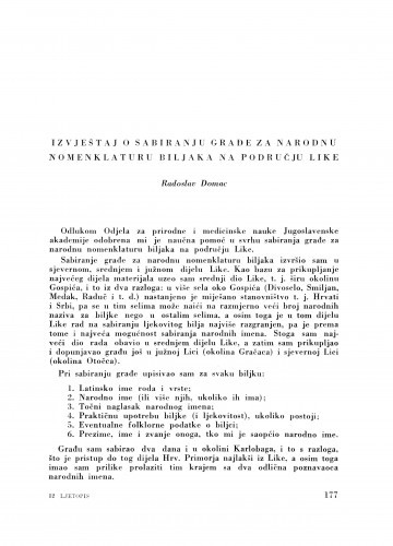 Izvještaj o sabiranju građe za narodnu nomenklaturu biljaka na području Like / R. Domac