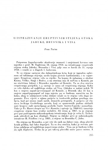 O istraživanju eruptivnih stijena otoka Jabuke, Brusnika i Visa / F. Tućan