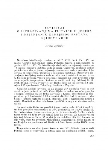 Izvještaj o istraživanjima Plitvičkih jezera i mijenjanju kemijskog sastava njihove vode / H. Iveković