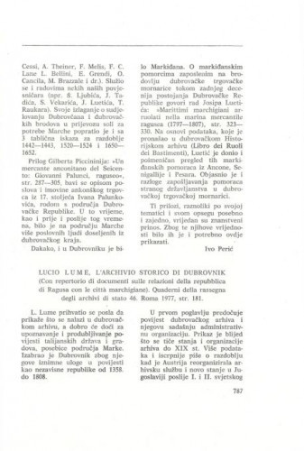 Lucio Lume: L'Archivio storico di Dubrovnik (Con repertorio di documenti sulle relazioni della Republica di Ragusa con le citta marchigiane : [prikaz] / Josip Lučić
