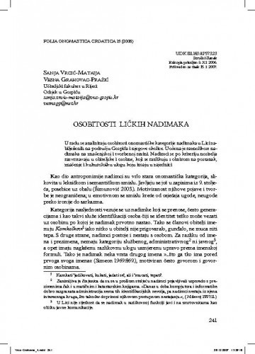 Osobitosti ličkih nadimaka / Sanja Vrcić-Mataija, Vesna Grahovac-Pražić